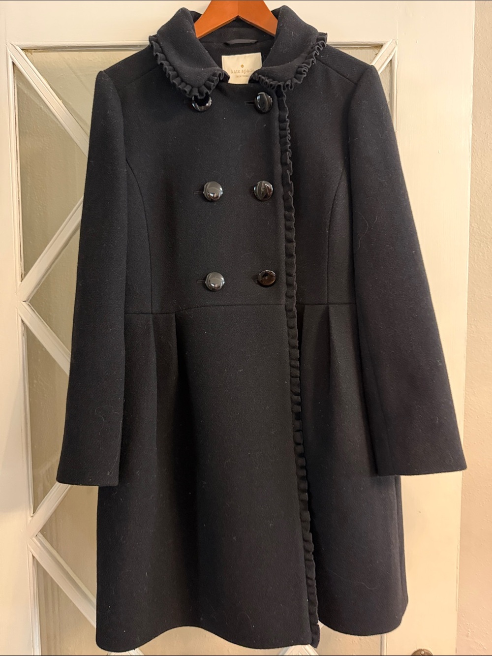 kate spade Black Double-Breasted Ruffle-Trim Long-Sleeve Dress Coat